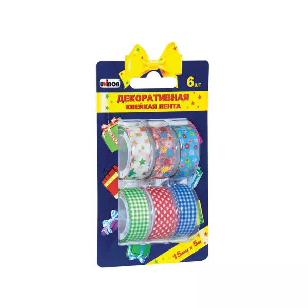 Клейкая лента декоративная UNIBOB разноцветная 15 мм х 5 м 6 шт/упак