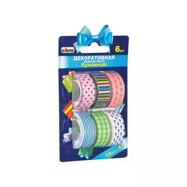 Клейкая лента декоративная бумажная UNIBOB разноцветная 15 мм х 5 м 6 шт/упак