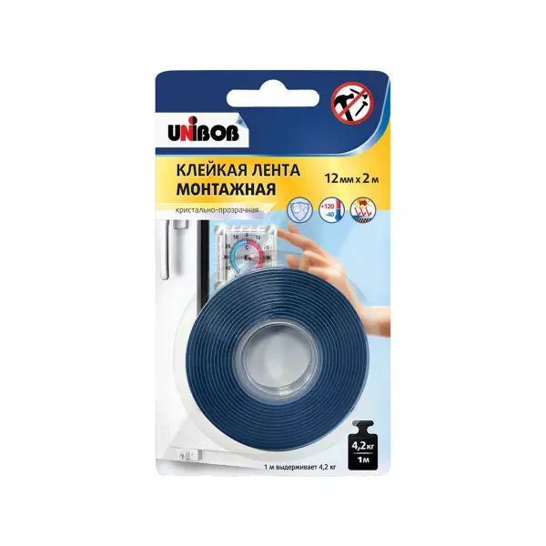 Клейкая лента двухсторонняя монтажная UNIBOB кристально-прозрачная пена 12 мм х 2 м
