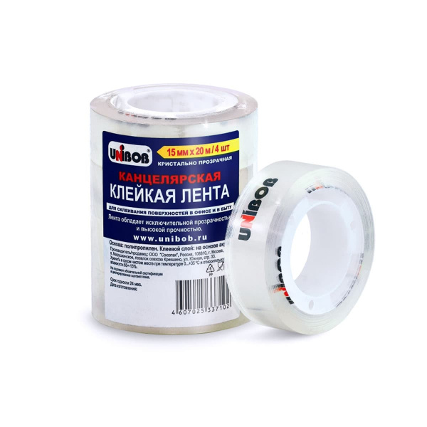 Клейкая лента канцелярская UNIBOB кристально-прозрачная 15 мм х 20 м 4 шт