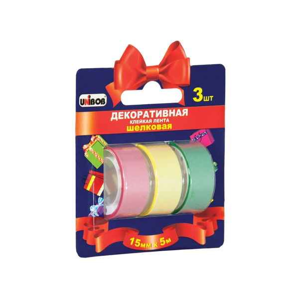Клейкая лента декоративная шелковая UNIBOB разноцветная 15 мм х 5 м 3 шт