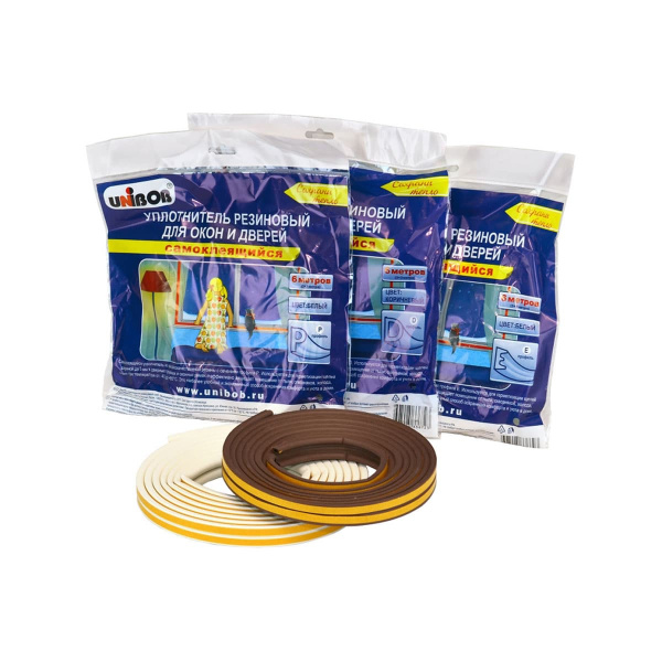 Уплотнитель резиновый самоклеящийся UNIBOB 6 м, профиль "E", коричневый