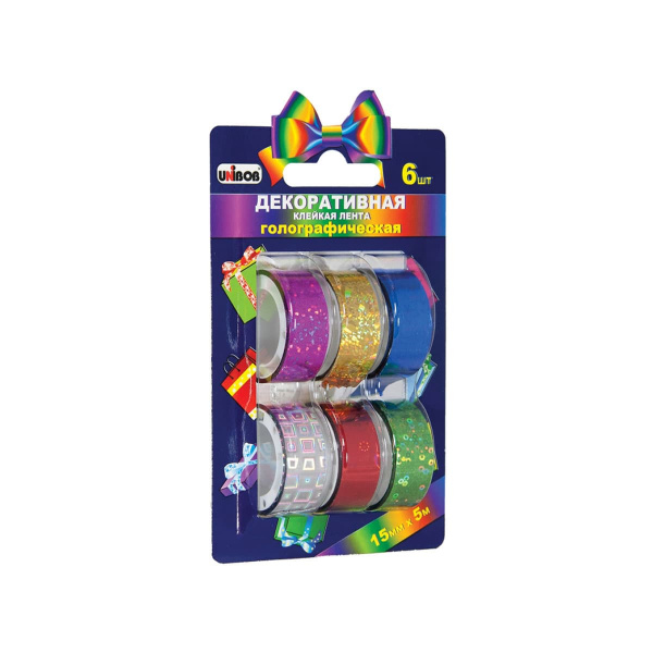 Клейкая лента декоративная голографическая UNIBOB разноцветная 15 мм х 5 м 6 шт/упак
